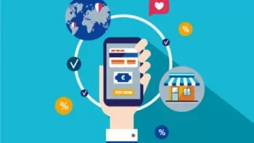 Illustratie van een mobiel betalingsconcept met pictogrammen voor wereldwijde verbinding en winkelen.